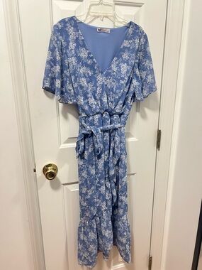 SO Blue Floral Wrap Midi Dress with Tie Waist